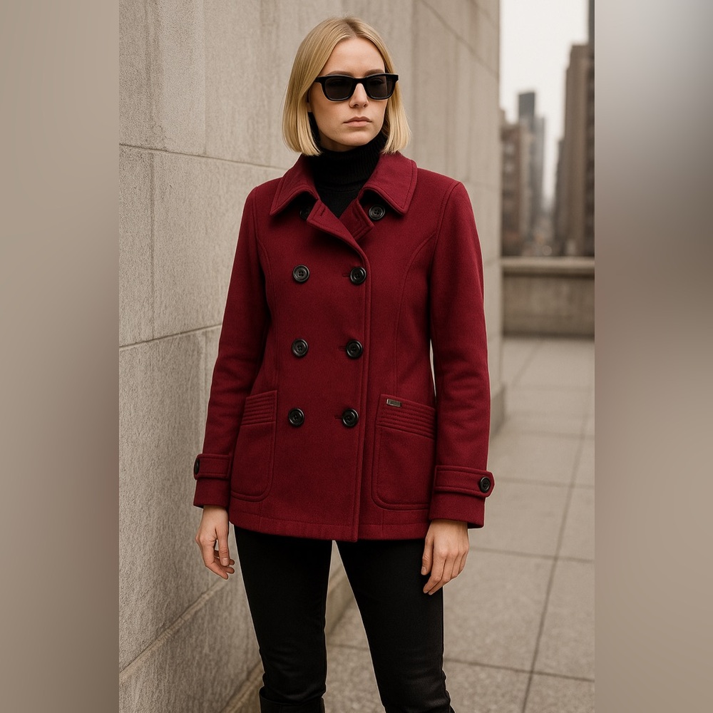 Sean John Women’s 3X Red Wool Blend Peacoat Double Breasted Warm Winter Jacket